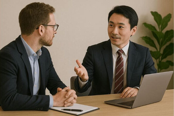 外国人のビジネスマンと英語で会議をする日本の会社員