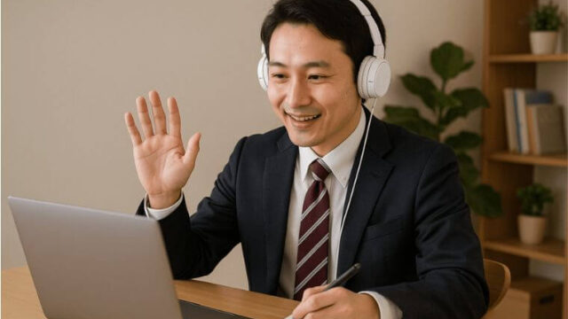 オンラインで英会話を学習している会社員