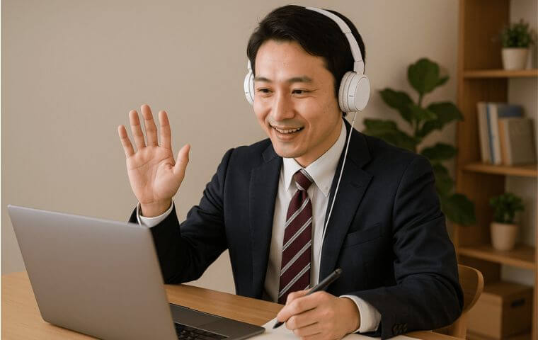 オンラインで英会話を学習している会社員